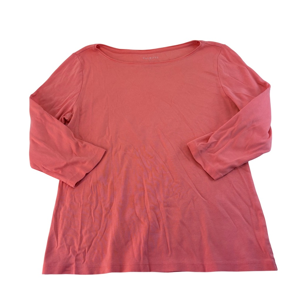 Talbots Womens Large Coral Pink 100% Cotton Boat Neck 3/4 Sleeve Basic Tee Shirt